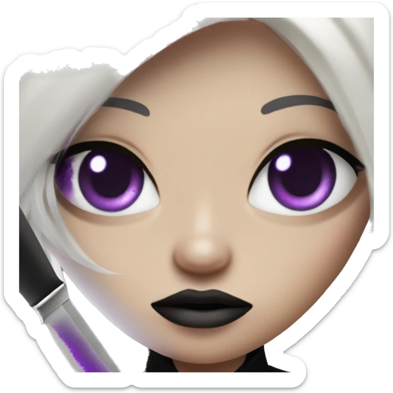 Light Brown goth girl with white ombre hair and purple eyes wearing a black mesh shirt holding a knife sticker