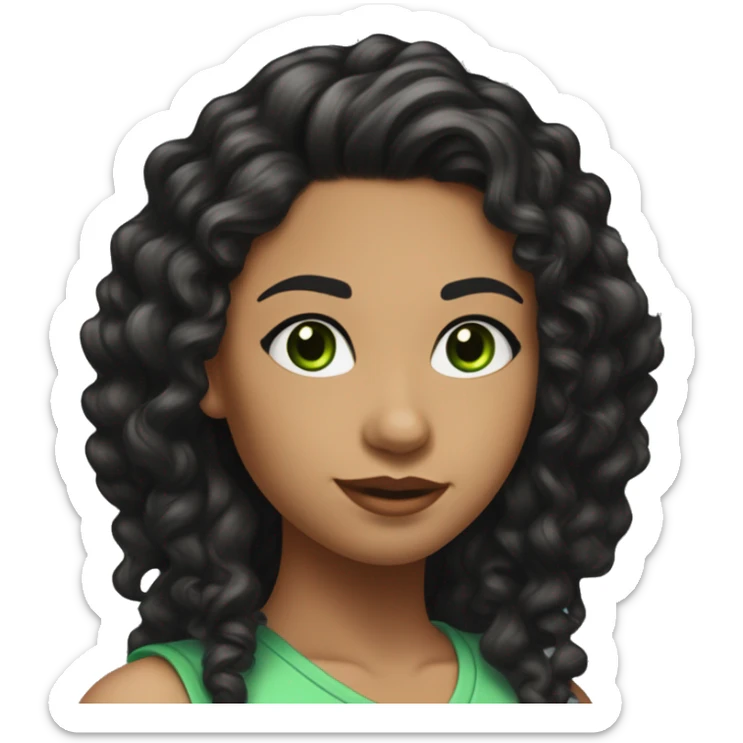 long curly black hair, full body head to toe, eyes with a hint of green, eyes positive  canthal tilt ,medium thick eyebrows , and thin lips, round face shape, soft jawline, full body, teen, sensual, american, woman, well defined feminine body sticker