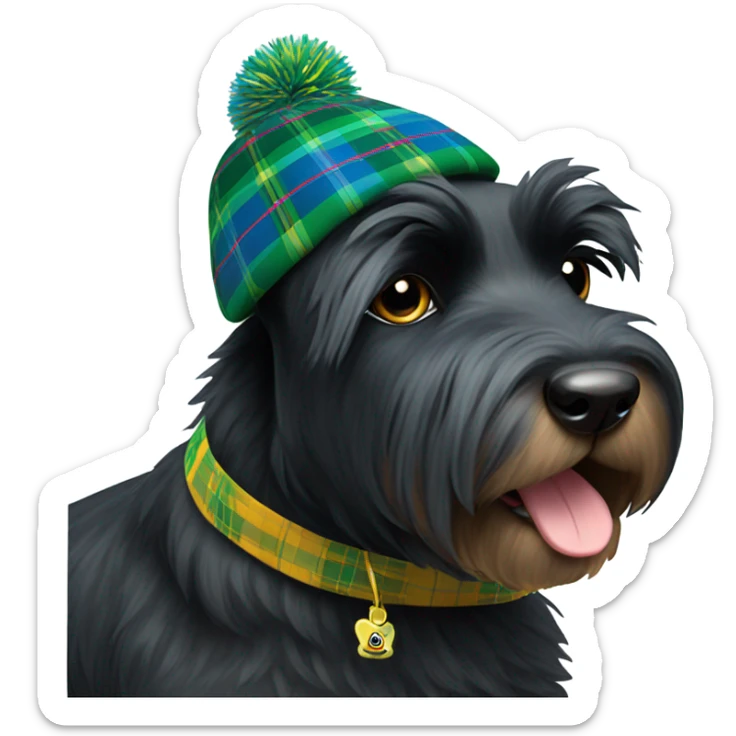 Black Scottie dog wearing a green and blue tartan tan with a yellow Pom Pom on top sticker