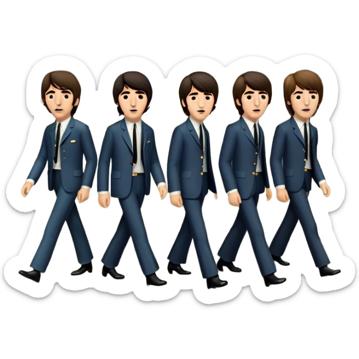 Cinematic Realistic The Beatles Abbey Road Scene Emoji, depicting the legendary band of four crossing the iconic zebra-striped street in their classic outfits, exuding effortless charisma and musical legacy. The scene is bathed in warm, nostalgic lighting with rich textures that capture the essence of 1960s rock history. sticker