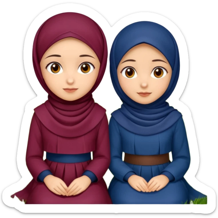 Turkish beautiful finish Konya two girls (friends) brown eyes and with dark blue and burgundy hijab islamic dress and sitting on grass  sticker