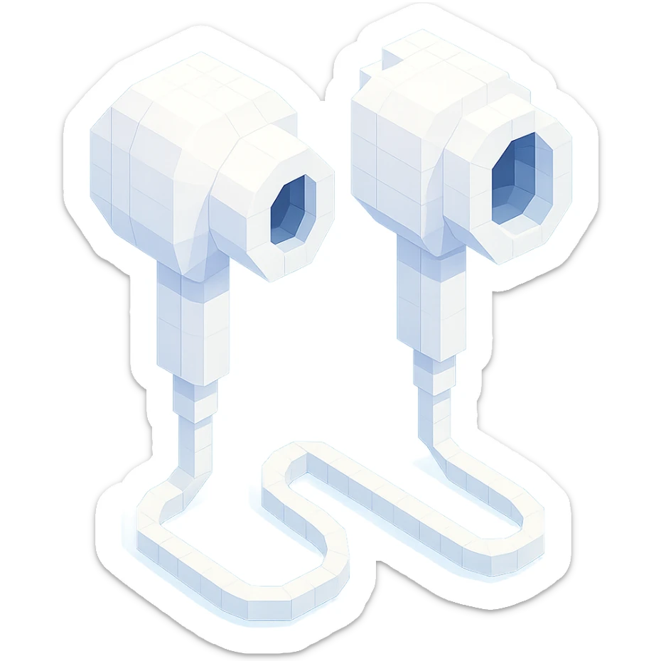 white EarPods headphones with a matte finish, slightly angled sticker