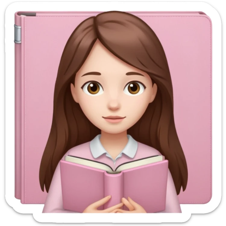 girl with fair skin and long brown hair holding a closed pale pink book sticker