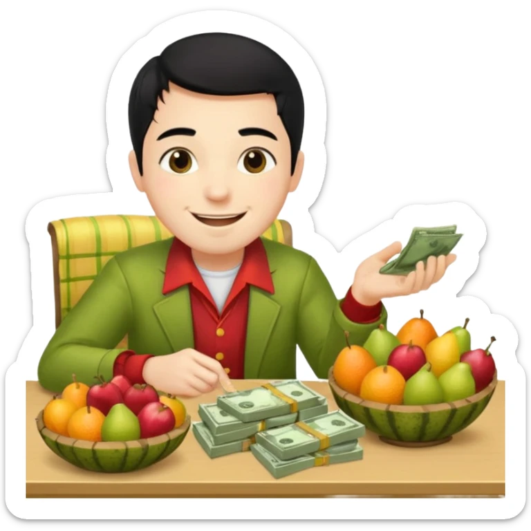 hombre piel clara pelo negro con ropa de frutero sentado en una mesa contando mucho dinero sticker