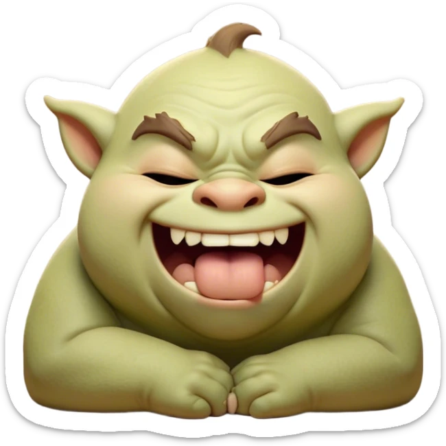 Cinematic Cute Yawning Ogre Portrait Emoji, with a surprisingly cuddly, rotund figure in soft earthy greens and browns, head tilted back in a big, gentle yawn exposing a set of comically oversized teeth, simplified yet irresistibly adorable, highly detailed with a soft glowing outline that captures the sleepy charm of a friendly ogre after a long day of gentle mischief! sticker