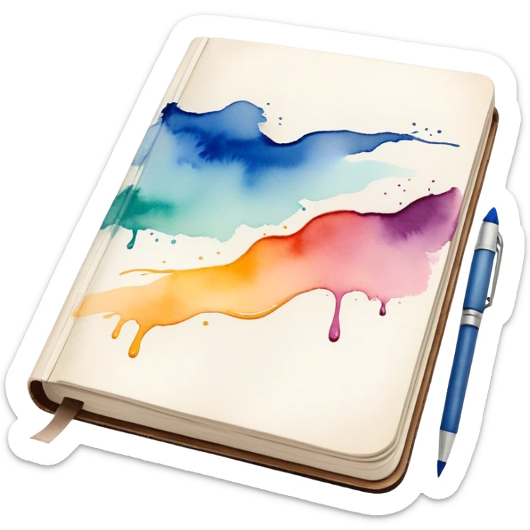 Cinematic Realistic image of an open sketchbook accompanied by a set of translucent watercolors, with delicate pigment stains and soft, flowing brushstrokes, captured under gentle, diffused lighting that highlights creative fluidity sticker