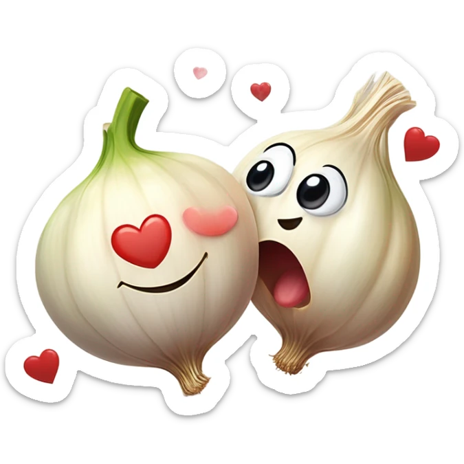  emoji of a cute garlic clove and a smiling onion looking at each other with love. They have big, adorable eyes and rosy cheeks. Small red hearts float around them, and they appear to be blushing, creating a romantic and funny atmosphere. sticker