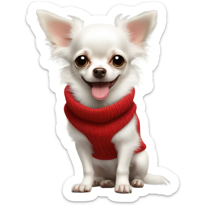 Cute white hairy puppy chihuahua with tongue out and red sweater sticker