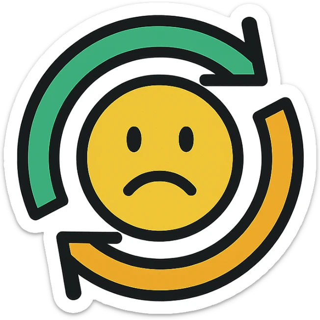 turnover arrows forming a circle with a frowning face in the center, professional style, green gold and white color scheme, bold and clear, suitable for digital use, no background sticker