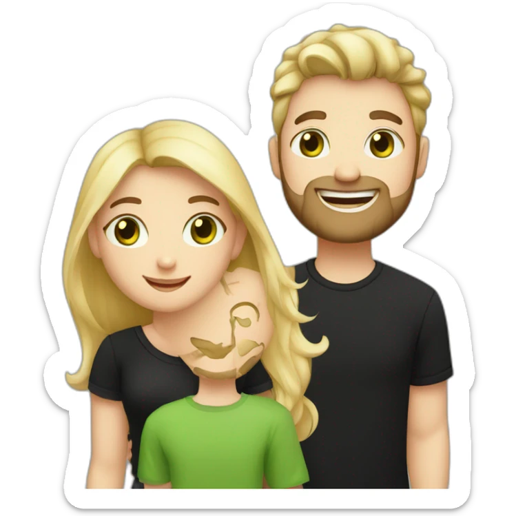 A happy couple, blond chubby girl with blue eyes and black haired and bearded man with green eyes. The man wears a black t-shirt sticker