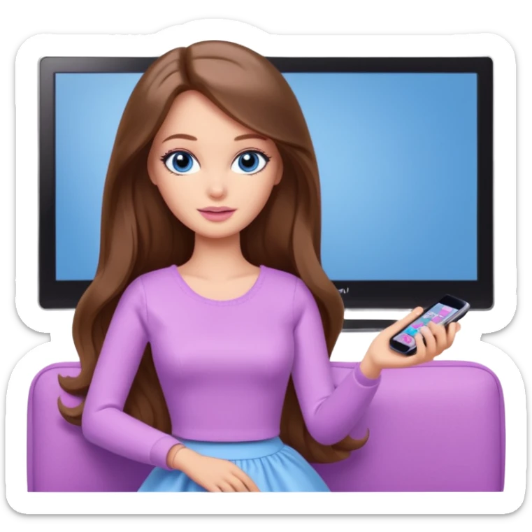 beautiful barbie girl with long brown hair, blue eyes and wearing light purple clothes watching tv shows sticker