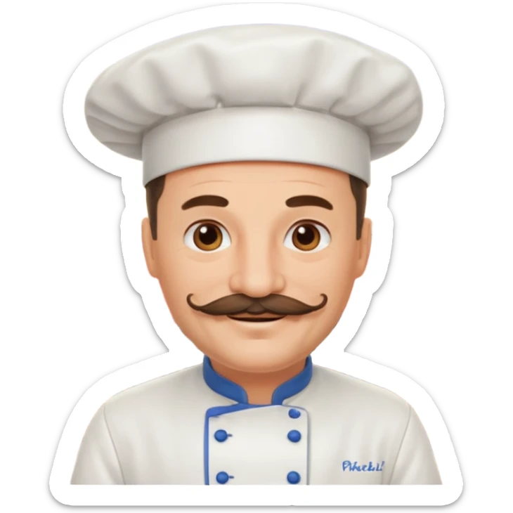 Est-ce que tu peux me faire un chef cuistot qui ressemble à Philippe Etchebest et qui est devant un restaurant? Est-ce que tu peux le faire souriant, avec une moustache de cuistot? 
 sticker
