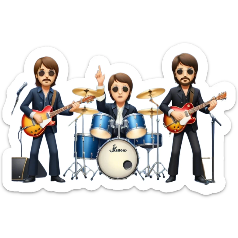 Rock music icon: The Beatles performing live on stage. John Lennon with guitar, Paul McCartney with bass, George Harrison with guitar, Ringo Starr on drums. Bright lights, energetic performance. Transparent background. sticker