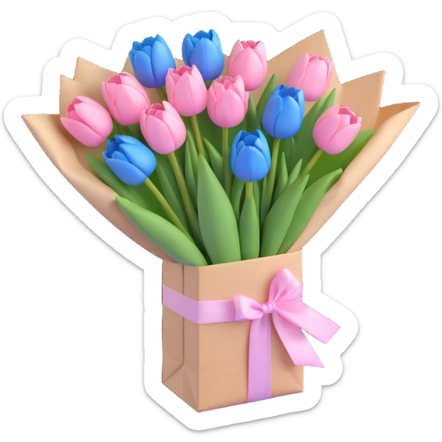 blue tulips bouquet in a crisp white paper bag, tied with a pastel pink ribbon, soft blue pastel palette, subtle shadows, minimal and clean, 3D iOS emoji style sticker