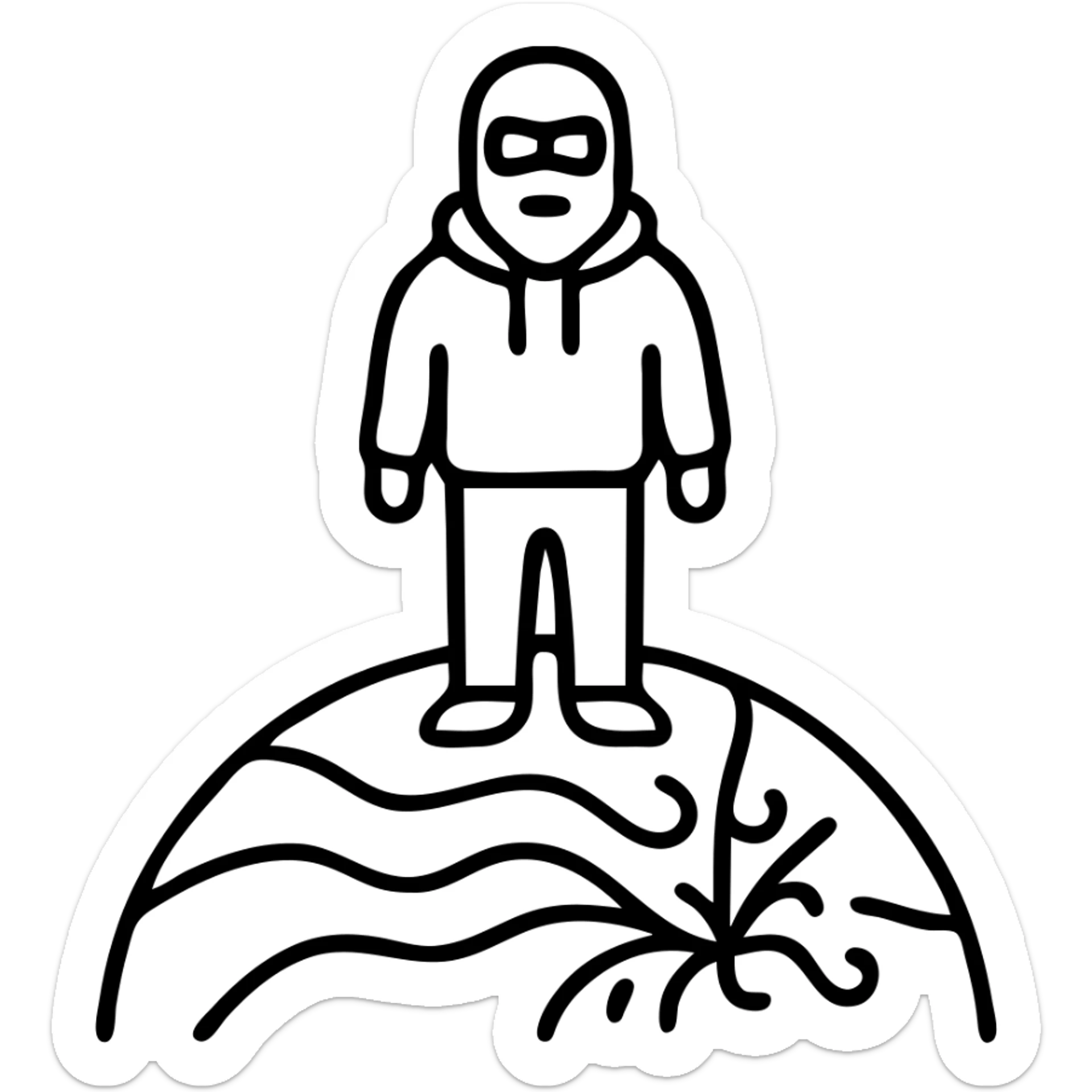 Person in ski mask and hoodie standing on vibrant earth surface with cosmic patterns and fractals flowing beneath feet sticker