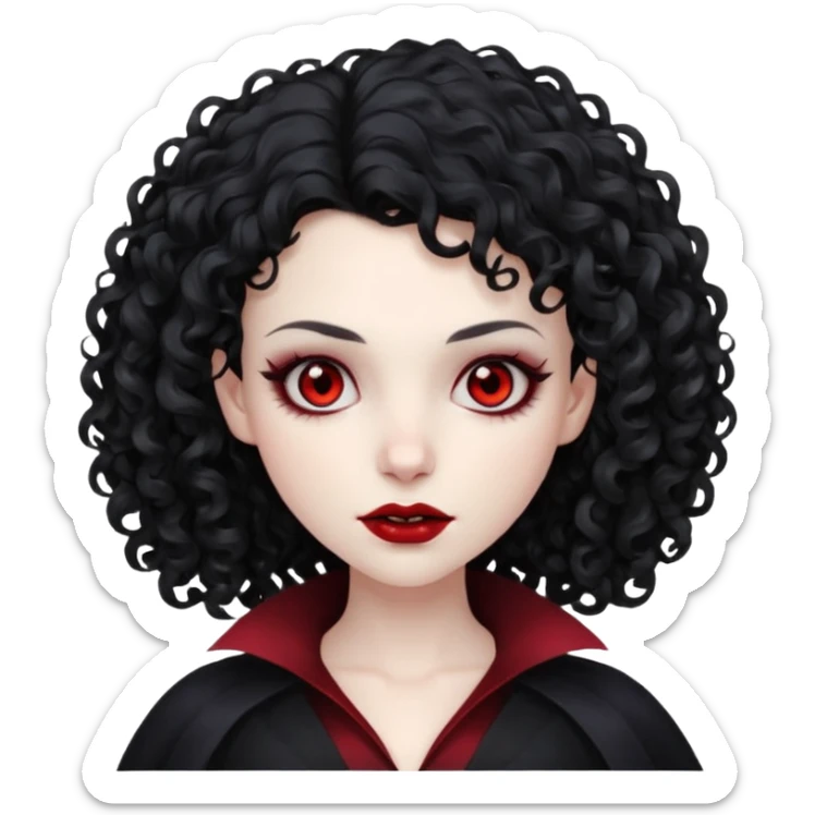cabelos cacheados pretos, corte em camadas, pele pálida, olhos vermelhos escuros, vampiro, sexo feminino sticker