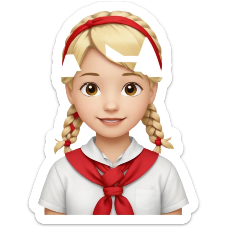 A Soviet pioneer girl emoji — smiling young girl with blonde hair tied into two short braids. She wears a white school shirt and a wide bright red pioneer neckerchief tied in a loose triangular knot at the chest (not a necktie). No suspenders, no jacket, no hat sticker