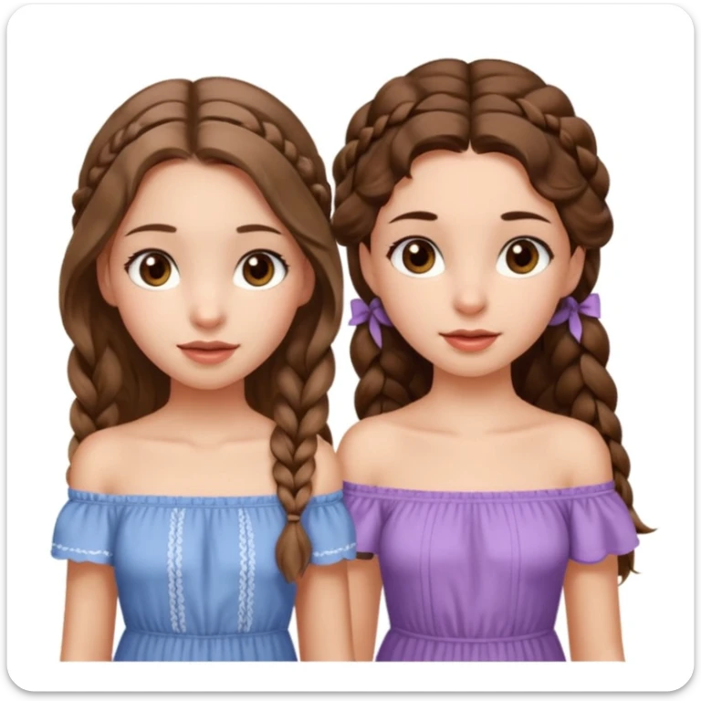 Two girls. The first one is very tall, has mid length brown very wavy hair, full lips, hazel eyes, wearing a cute off shoulder summer dress, she is also thin. The other one, quite shorter, long brown straight hair in one braid, hazel eyes. She is athletic a little bit.  sticker