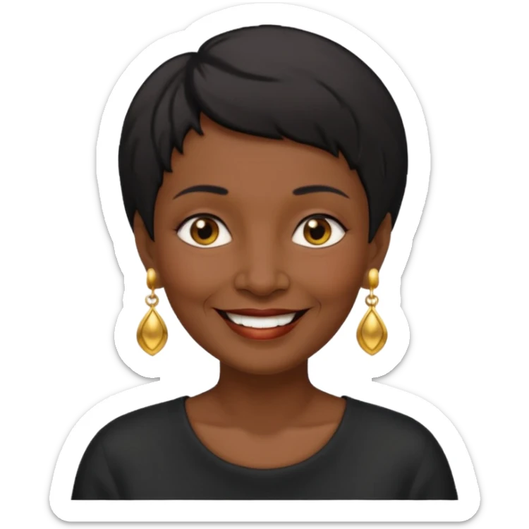 old woman with black short hair and gold earring and black skin sticker