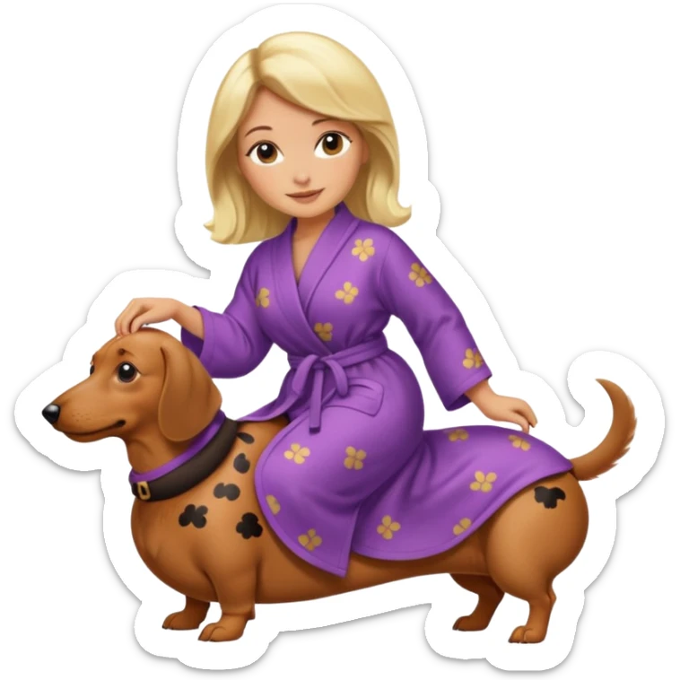 A blonde curvy woman riding on top of a dachshund wearing a robe sticker