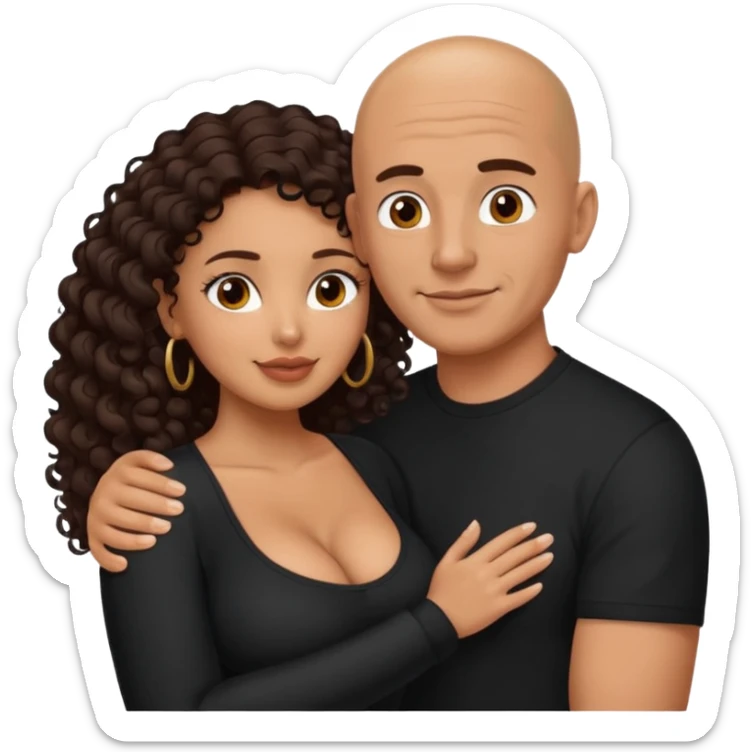 A picture of an embracing tanned couple. the man is a Mexican man with tanned skin, with a bald hair cut, and wearing a black shirt. the woman is mixed, with glasses,  with long curly dark brown hair and with big boobs. Remove the glasses from the guy sticker