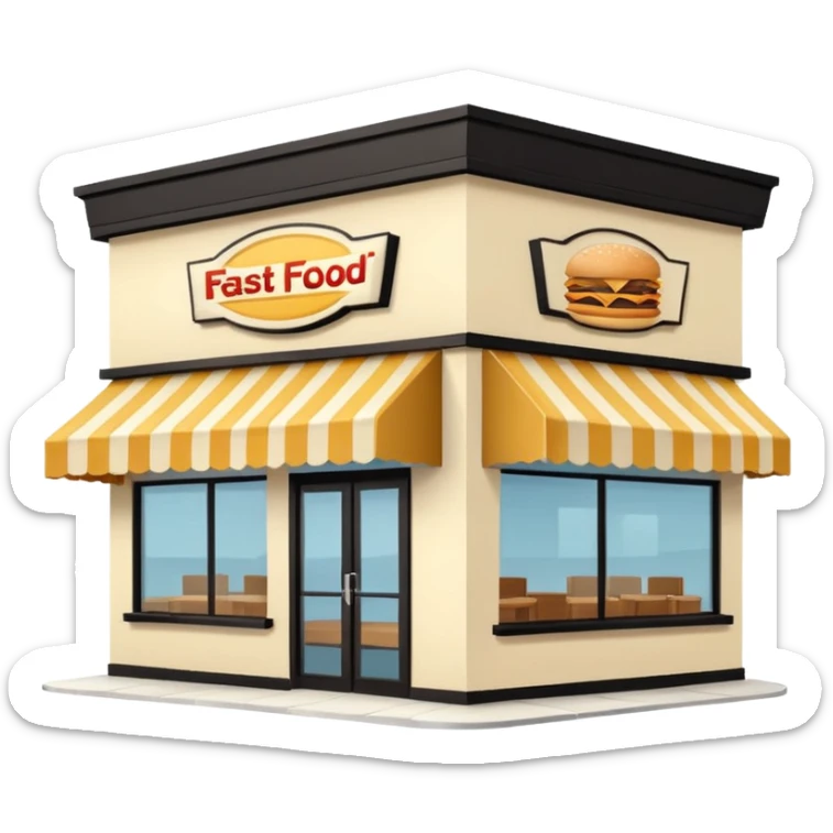 front of fast food building with awning, windows, and a glass door in the center. The building is a creme color with no decorations sticker