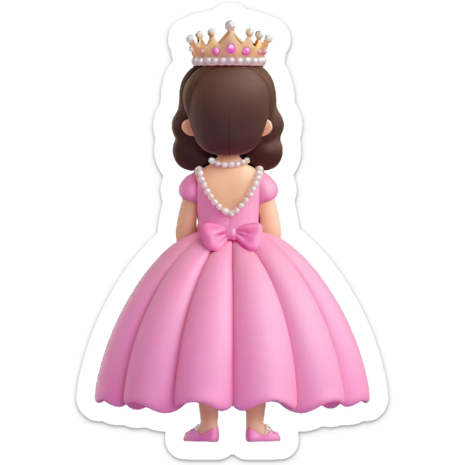 elegant little princess in a pink dress with pearls and a tiara, back view, iOS 3D emoji style, glossy, modern and sweet sticker