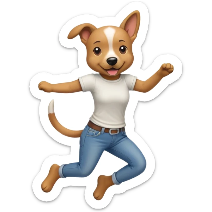 female dog anthropomorphised wearing jeans and a t-shirt jumping pose walking upright sticker