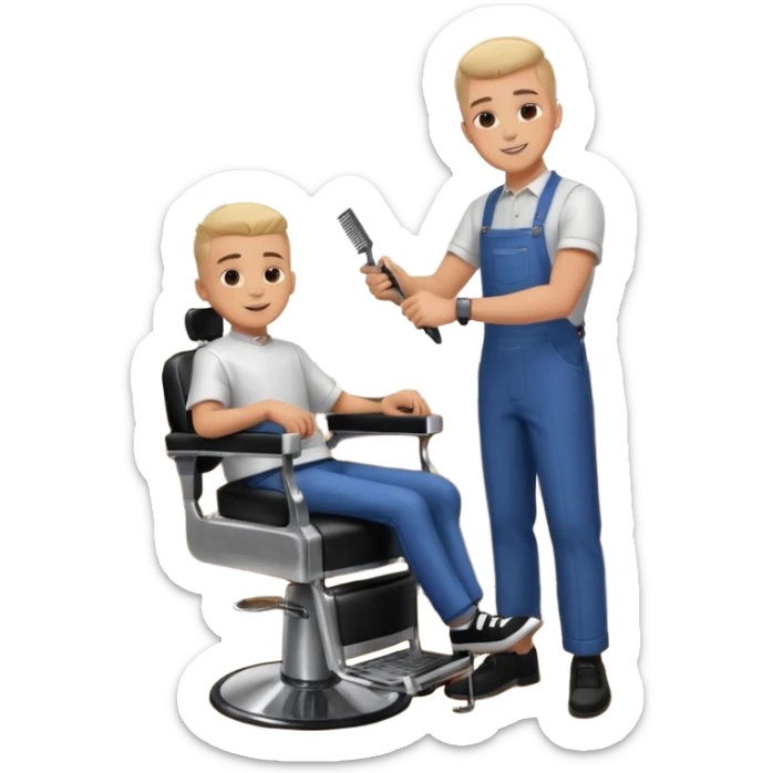 Barber cutting boys hair. Show the boy sat in black barber chair and both having smiles on their faces sticker