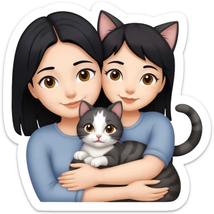 happy girl with black hair hugging three cats  (carey cat, gray cat, brown calico cat) sticker