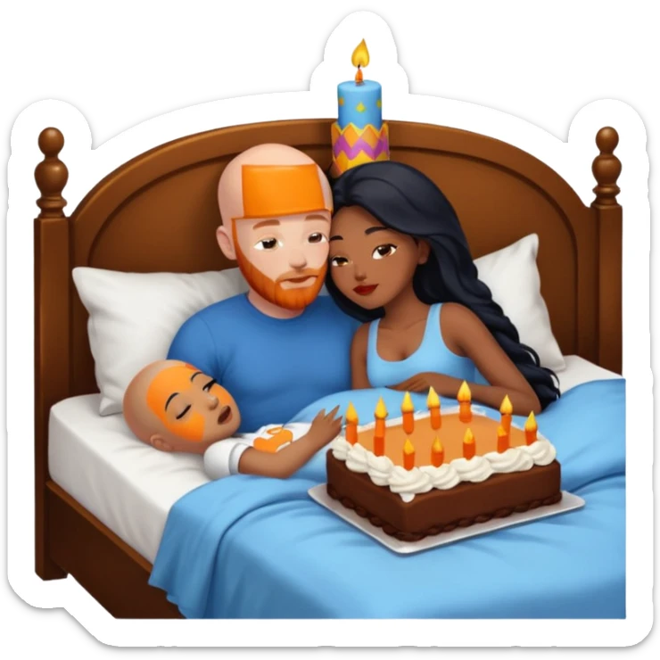 Bald white male with orange ginger beard and blue eyes kissing African American dark brown woman with long black hair

Laying in bed with birthday cake sticker