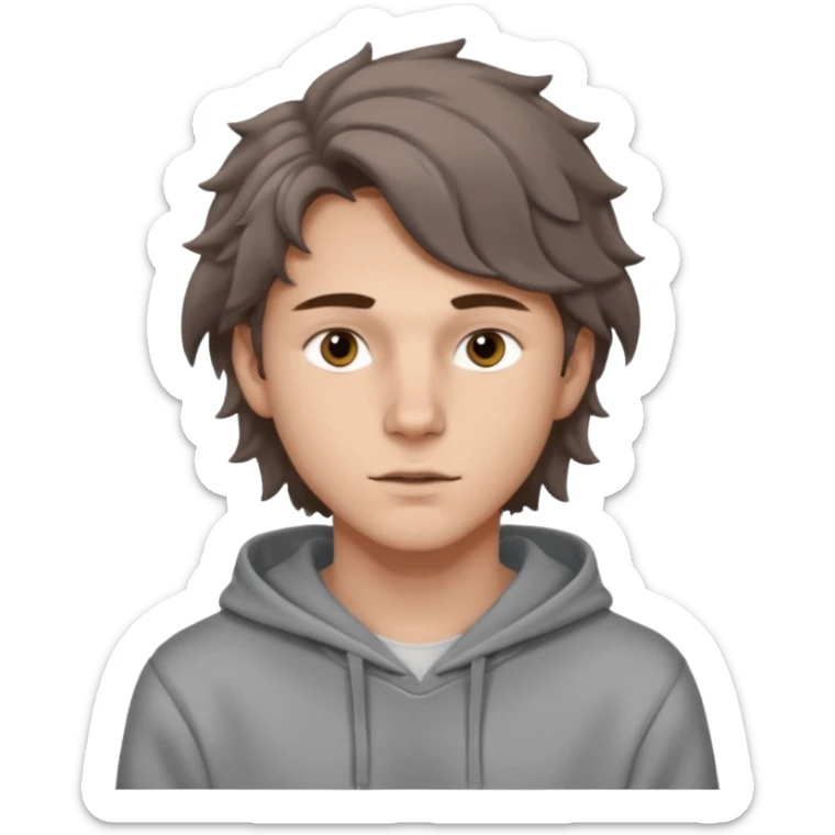 18 year old boy siren eyes good jawline with grey hoodie and long brown wavy wolf cut hair sticker