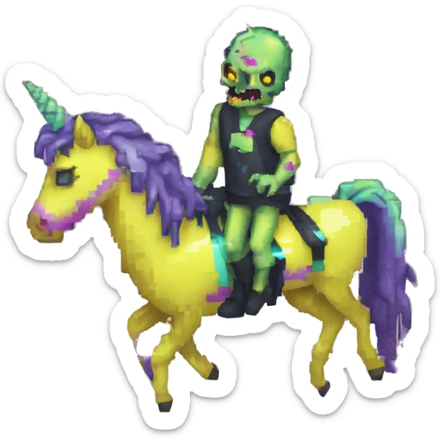 Pixel art of Zombie Vaporwave black holographic oilslick zombie unicorn yellow caution tape sticker