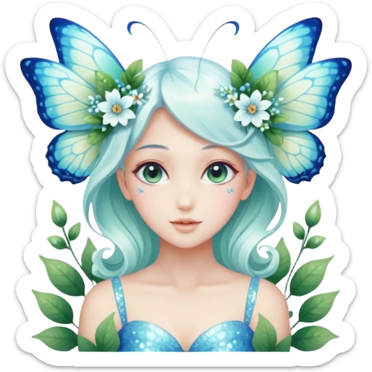Beautiful pastel white shiny glittery flowery floral natural nature and green and blue fae-butterfly-floral-anime-lady divine gorgeous beautiful with nature background  sticker