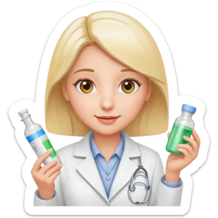 pharmacist girl with white coat holding medicine cheerful sunny eyes sticker