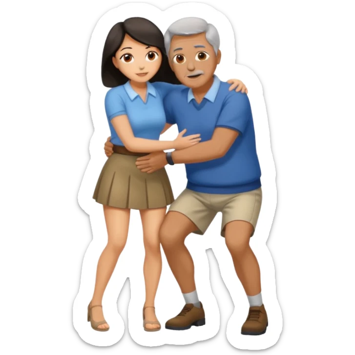 older man with dark hair on knees, facing dark haired, middle aged woman in a micro mini skirt, hugging her waist sticker
