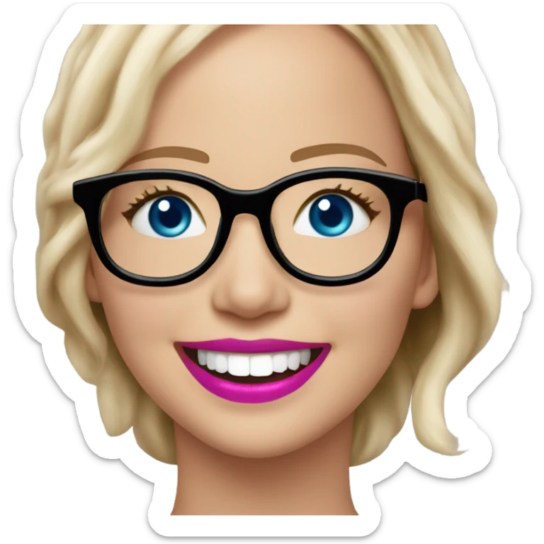Happy laughing Jennifer Lawrence,  blue eyes wearing glasses and pink lipstick  sticker