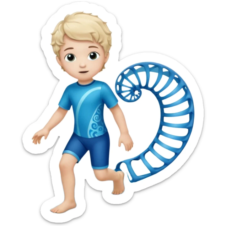 A little male child with a nice outfit and short curled hair and orthopedic ankle-foot orthosises (AFO) for a small child. The brace goes just below the knee and its with a bright blue water-like pattern with a spiral side design. sticker