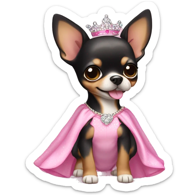 black & tan chihuahua puppy wearing a pink princess dress sticker