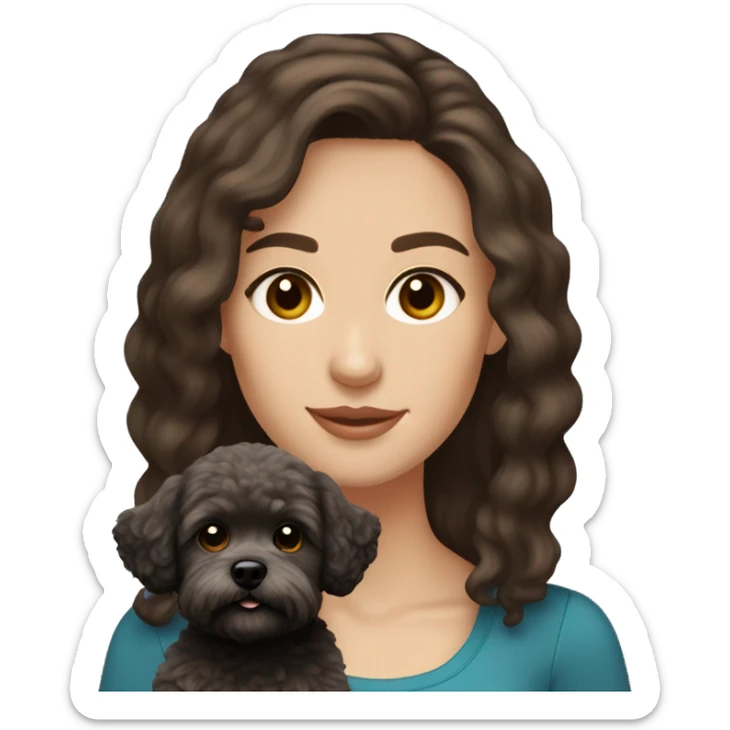 Caucasian woman, medium straight brown hair and brown eyes. Holding black maltipoo sticker