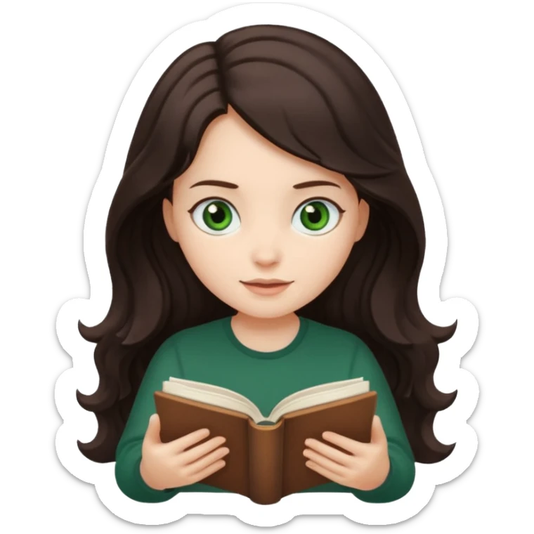 Long wavy dark brown haired, white skinned, dark green eyed girl reading a book sticker