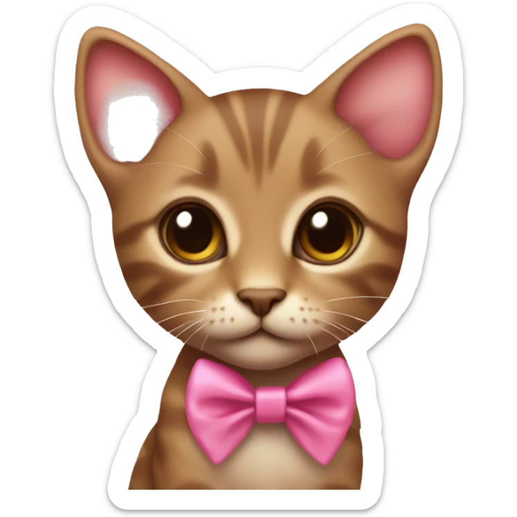 Little brown kitten with a pink ribbon around its neck, with big brown eyes and pink toungue sticker