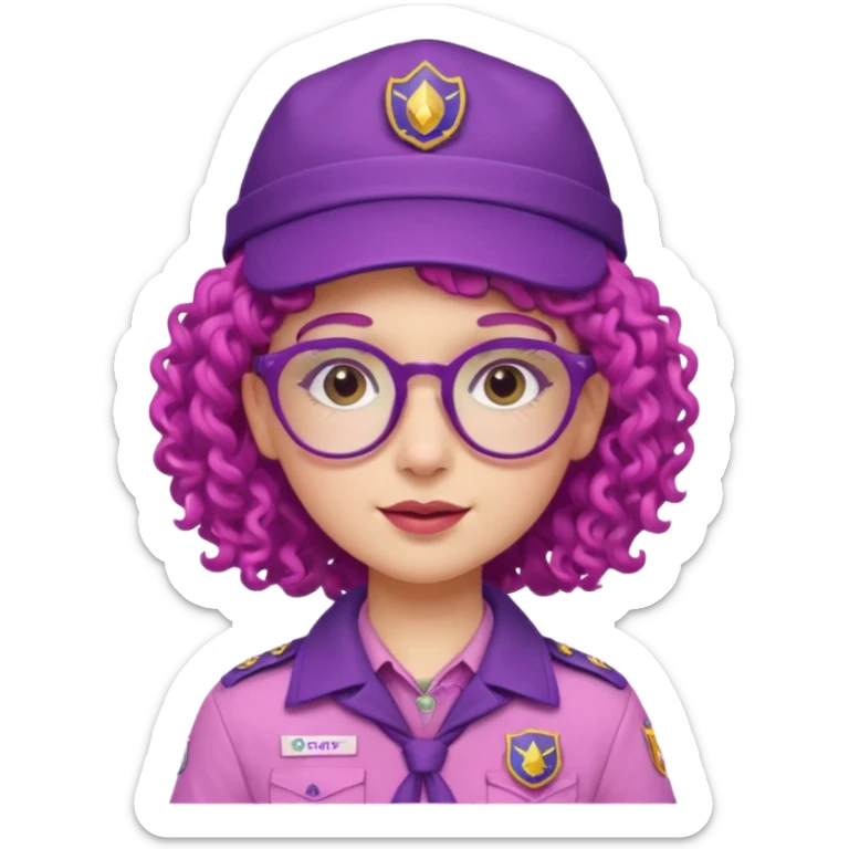scout girl with very pink scout uniform including hat, purple curly haired and glassess sticker