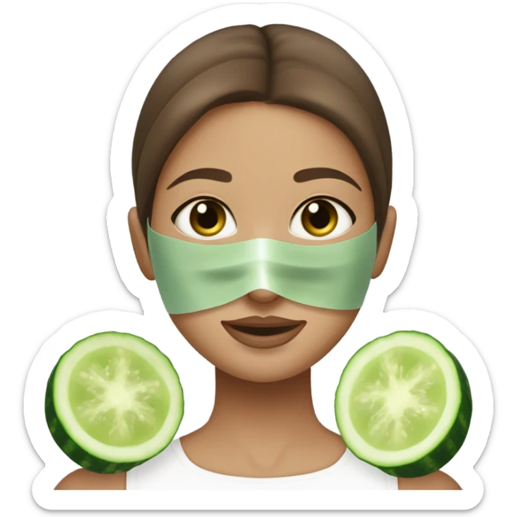 Girl with freackles Brown hair white skin Tone and blue eyes wears Green skin care mask while She relaxes and cucumber on her closed eyes sticker