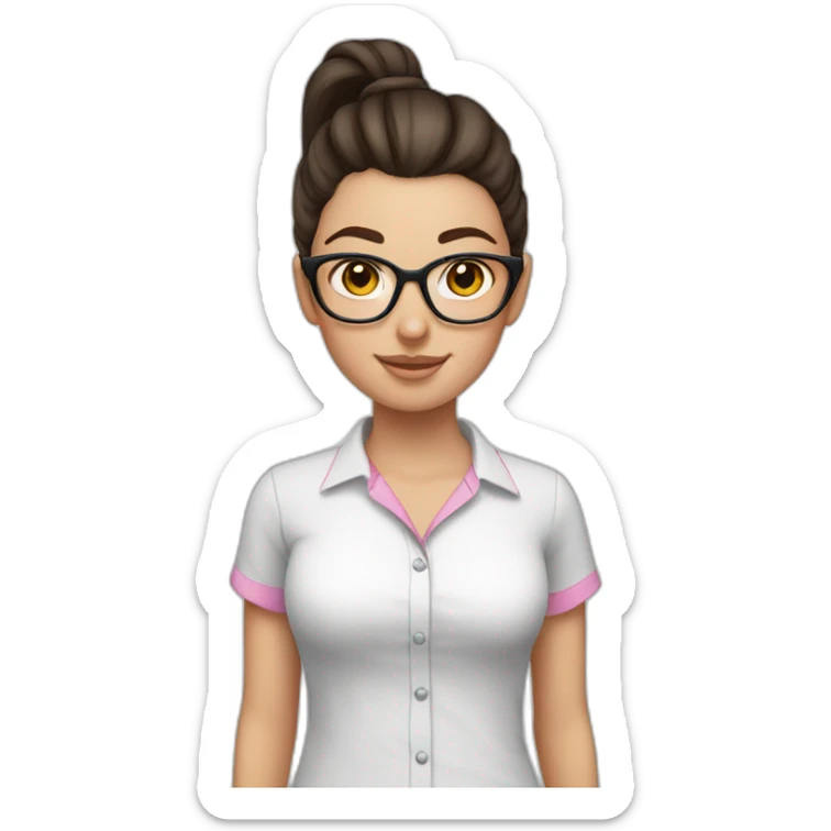 white girl with dark brown hair with ponytails in a white shirt with pink on her face and wearing glasses sticker