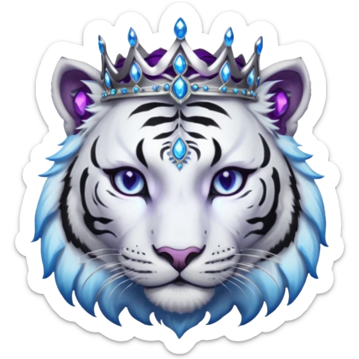 ESO Female white/black tiger khajiit leader of the umbral rose, glowing blue eyes, glowing blue 'third eye' gem; silver crown/tiara with purple gems  sticker