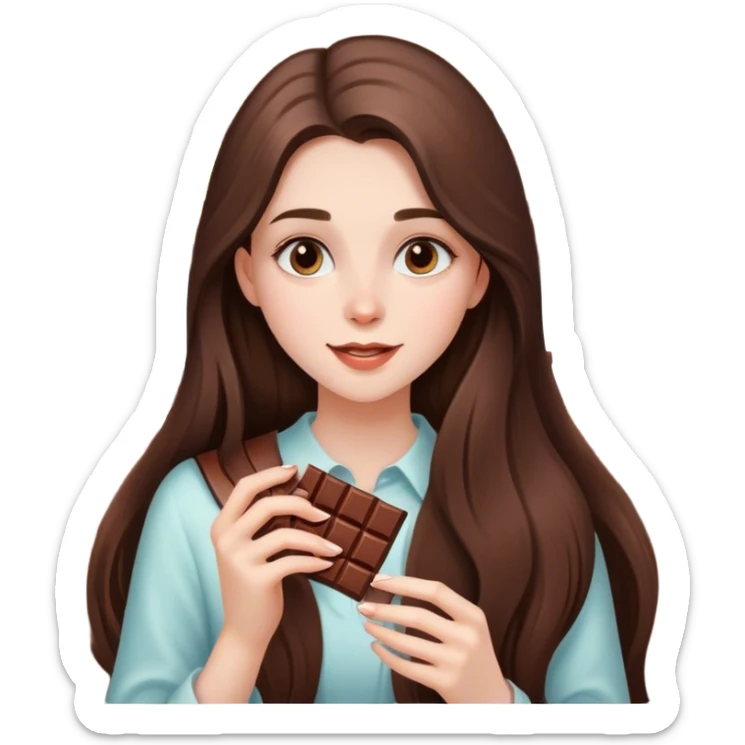 beautiful pale brunette girl with long hair enjoying a bar of chocolate  sticker