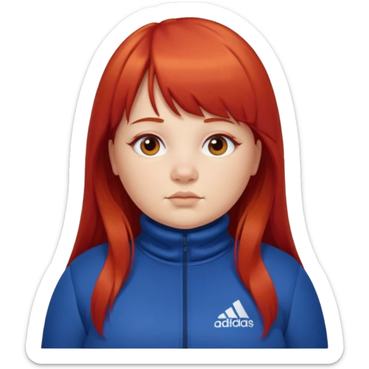 Crie um emoji de uma menina gordinha com o cabelo vermelho longo com uma franja reta casaco de gola alta da adidas sticker