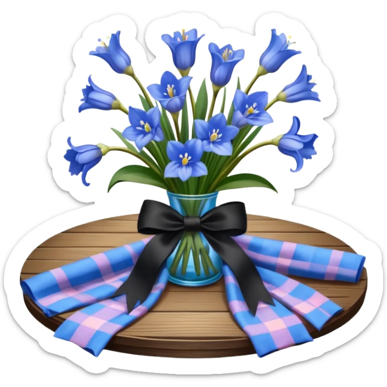 A lush bouquet of bright blue color bluebell black satin ribbon, resting on an antique wooden table, with a pale yellow and pink plaid pattern table cloth sticker