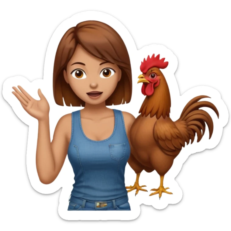 Kneeling Brown hair very large boob Woman open mouth tank top, wearing jeans touching one rooster sticker